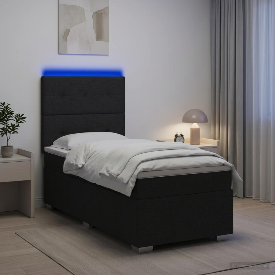 vidaXL LED Boxspring Bed met Matras Zwart 100 x 200 cm Stof afbeelding 1