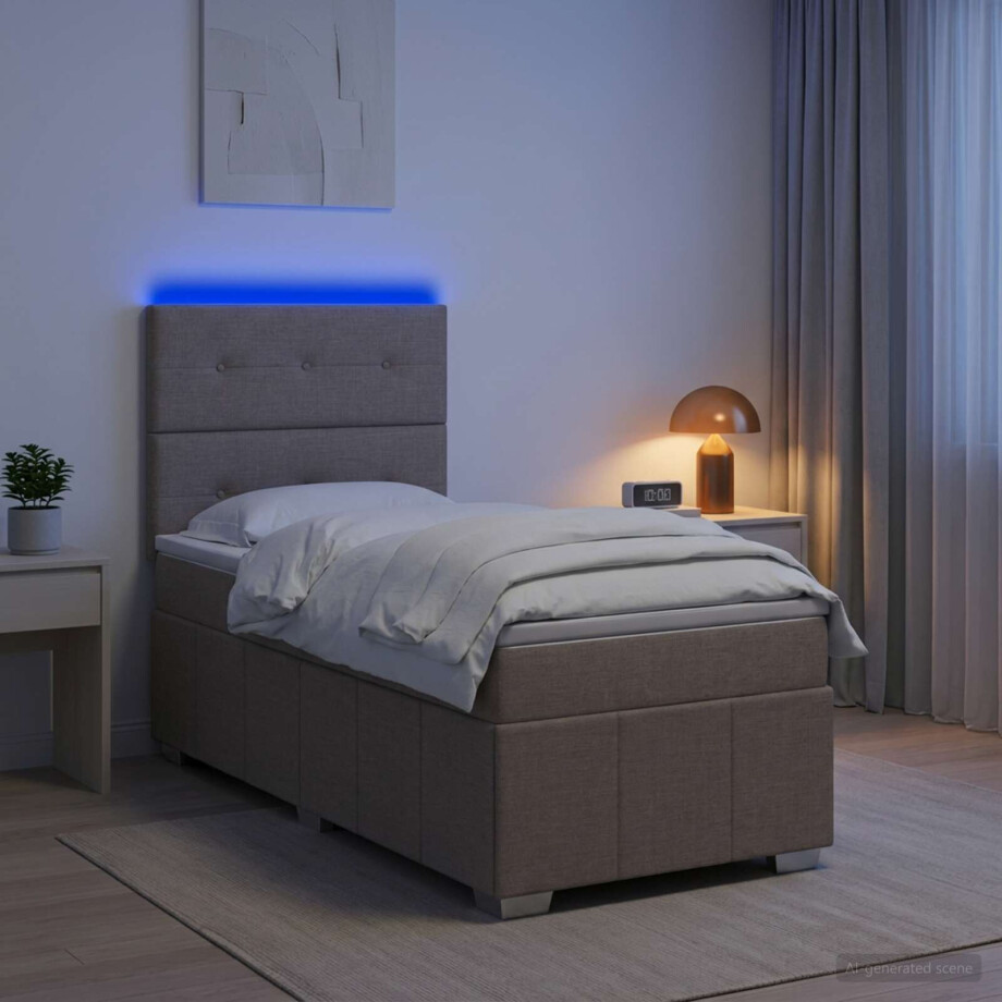 vidaXL LED Boxspring Bed met Matras Taupe 100 x 200 cm Stof vidaXL LED Boxspring Bed met Matras Taupe 100 x 200 cm Stof afbeelding 1