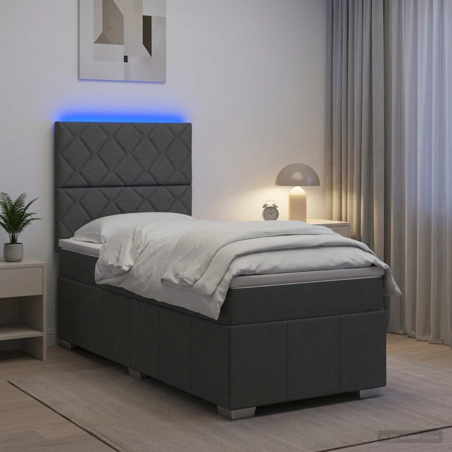 vidaXL LED Boxspring Bed met Matras Donkergrijs 90 x 190 cm Stof afbeelding 1