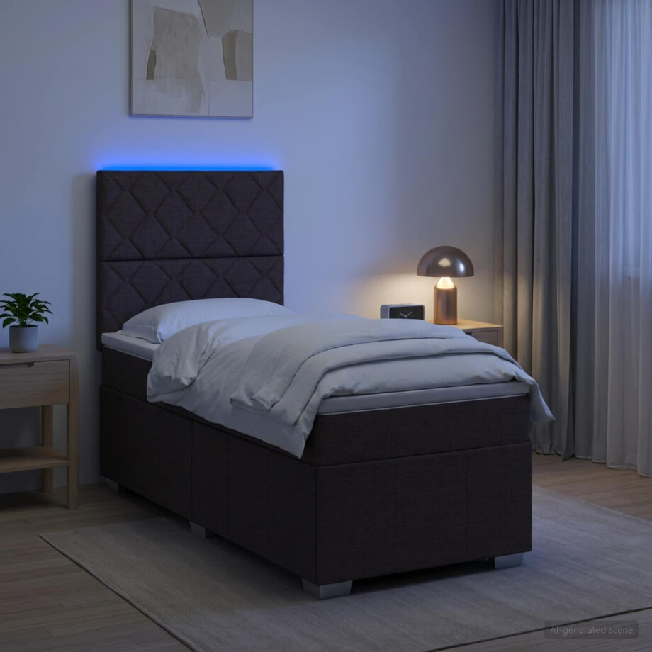 vidaXL LED Boxspring Bed met Matras Donkerbruin 90 x 200 cm Stof afbeelding 1