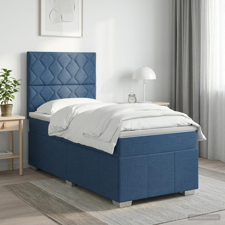vidaXL LED Boxspring Bed met Matras Blauw 90 x 200 cm Stof afbeelding 1