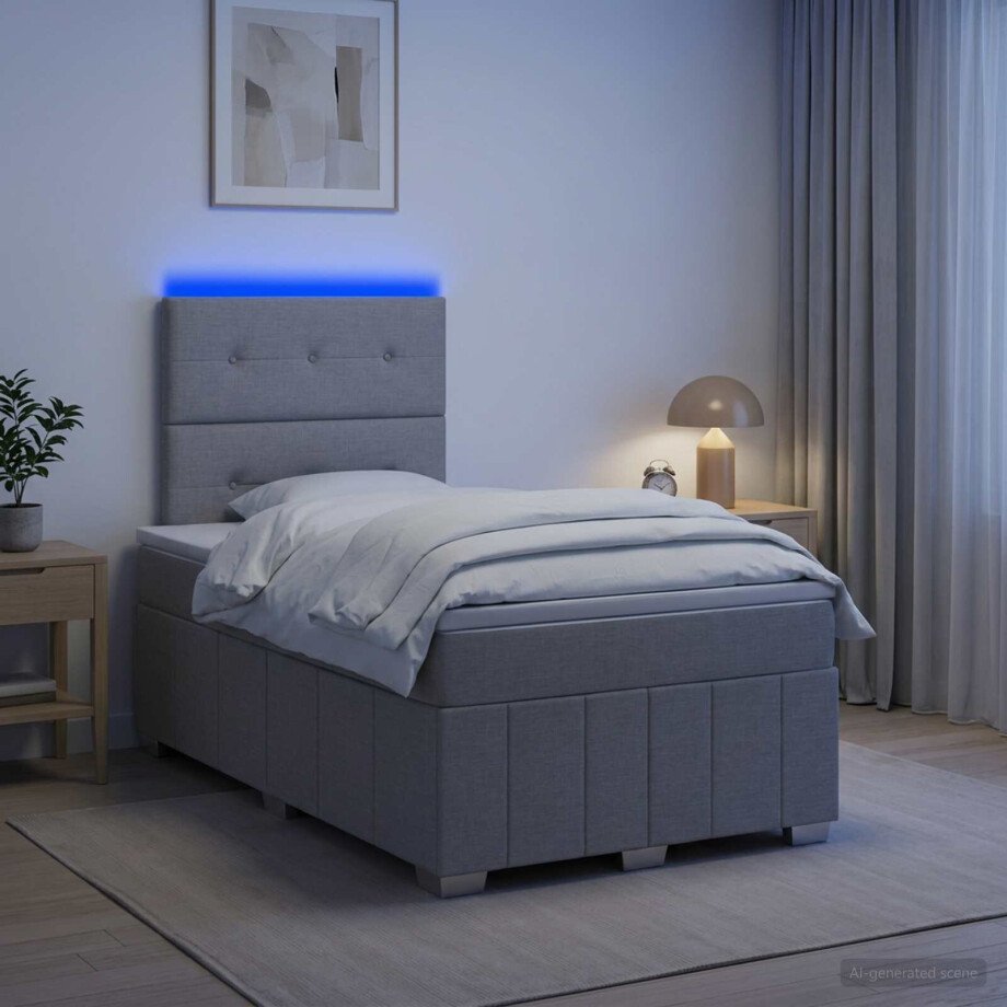 vidaXL LED Boxspring Bed met Matras Lichtgrijs 120 x 190 cm Stof afbeelding 1