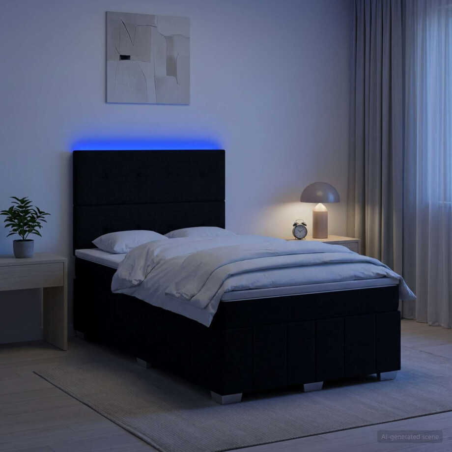 vidaXL LED Boxspring Bed met Matras Zwart 120 x 200 cm Stof afbeelding 1