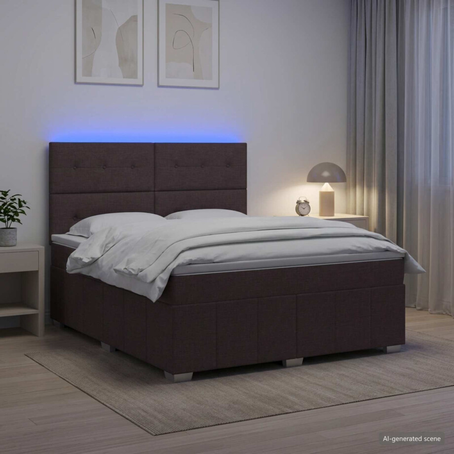 vidaXL LED Boxspring Bed met Matras Donkerbruin 180 x 200 cm Stof afbeelding 1