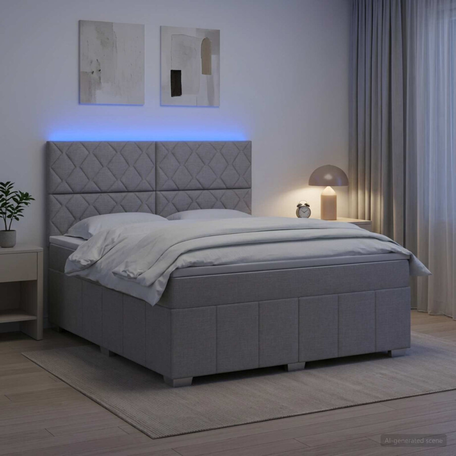 vidaXL LED Boxspring Bed met Matras Lichtgrijs 160 x 200 cm Stof afbeelding 1
