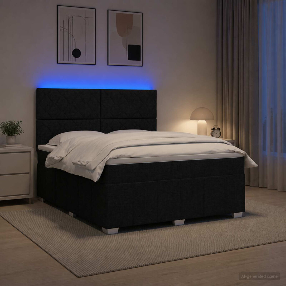 vidaXL LED Boxspring Bed met Matras Zwart 140 x 200 cm Stof afbeelding 1