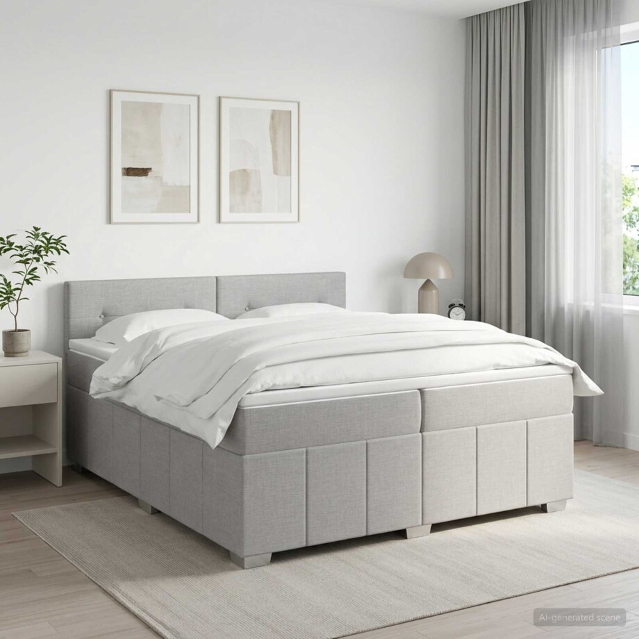 vidaXL LED Boxspring Bed met Matras Lichtgrijs 200 x 200 cm Stof afbeelding 1
