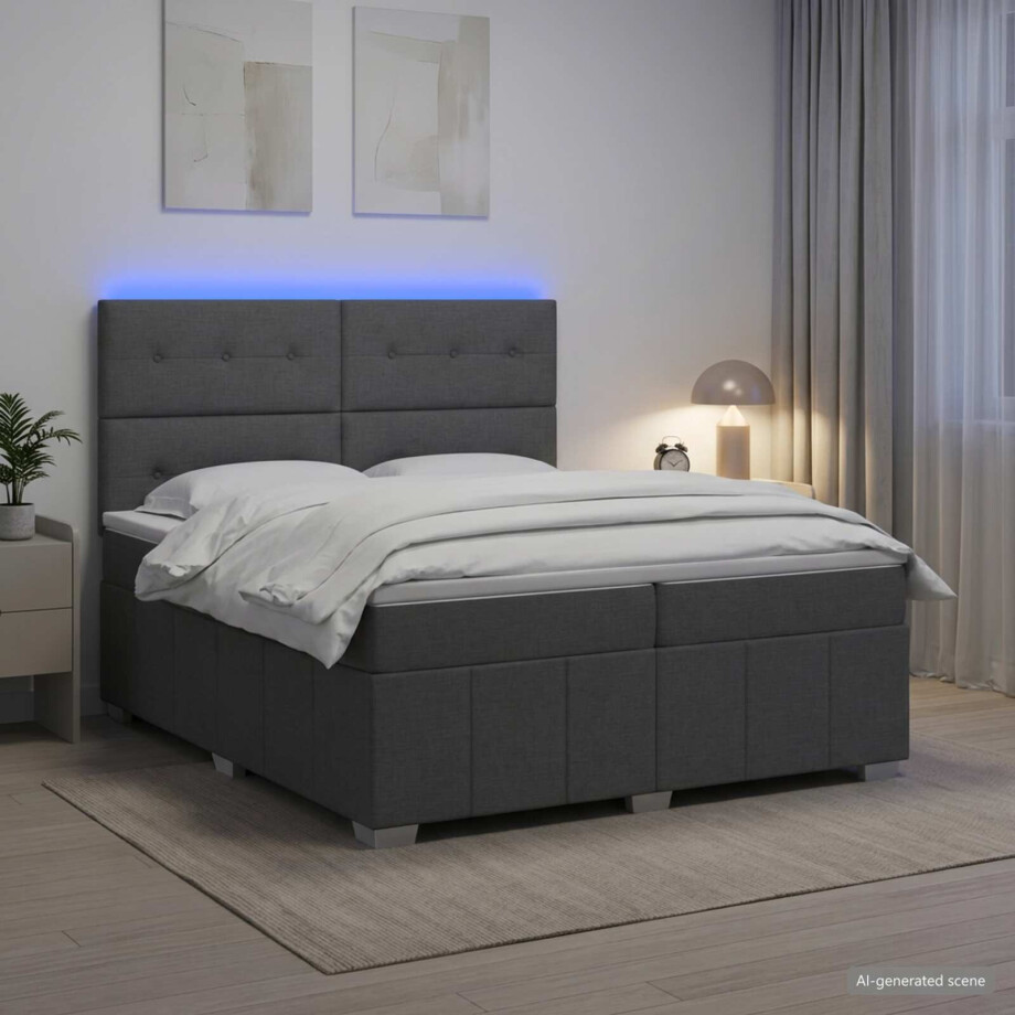 vidaXL LED Boxspring Bed met Matras Donkergrijs 200 x 200 cm Stof afbeelding 1