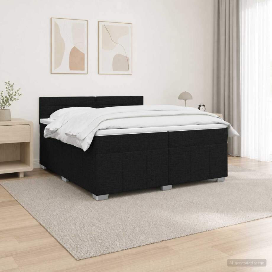 vidaXL LED Boxspring Bed met Matras Zwart 200 x 200 cm Stof afbeelding 1
