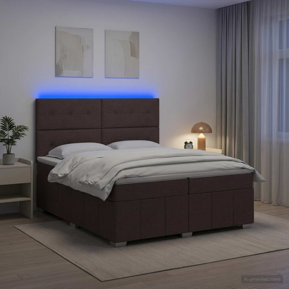 vidaXL LED Boxspring Bed met Matras Donkerbruin 200 x 200 cm Stof afbeelding 1