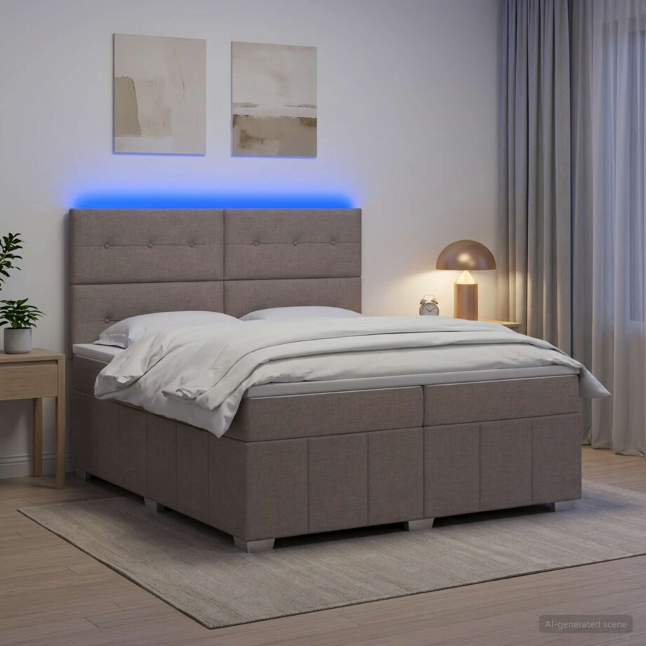 vidaXL LED Boxspring Bed met Matras Taupe 200 x 200 cm Stof afbeelding 1