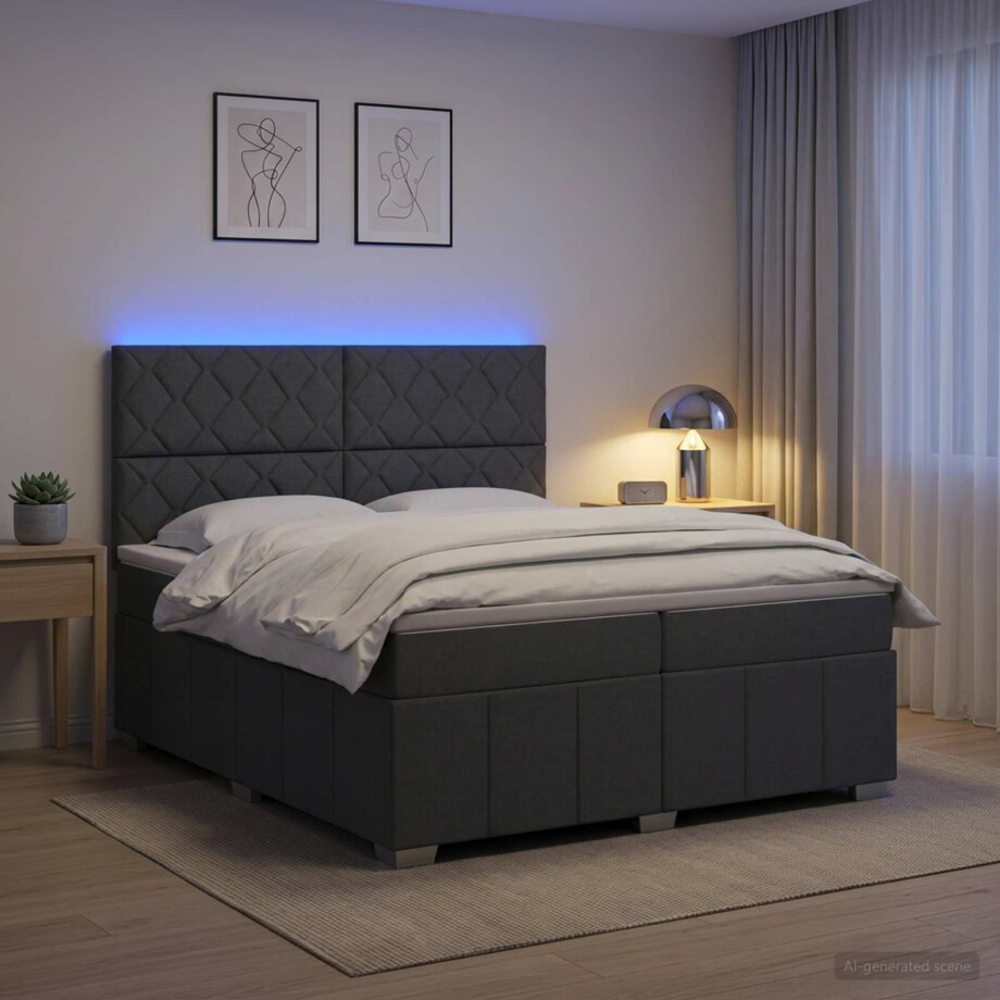 vidaXL LED Boxspring Bed met Matras Donkergrijs 200 x 200 cm Stof afbeelding 1