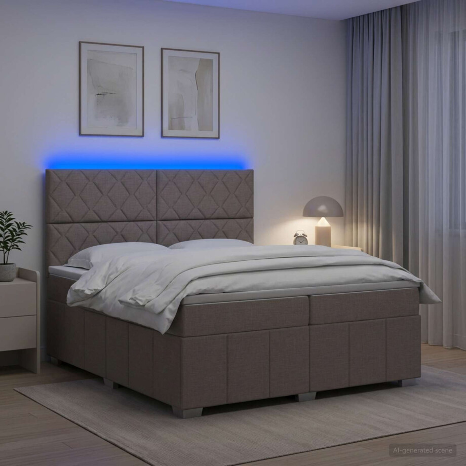 vidaXL LED Boxspring Bed met Matras Taupe 200 x 200 cm Stof afbeelding 1