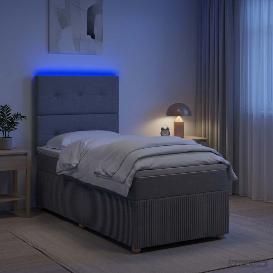 vidaXL LED Boxspring Bed met Matras Lichtgrijs 100 x 200 cm Stof afbeelding 1