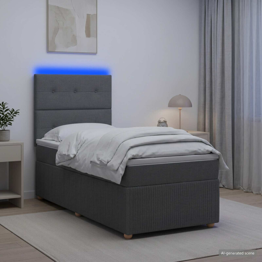 vidaXL LED Boxspring Bed met Matras Donkergrijs 90 x 190 cm Stof afbeelding 1