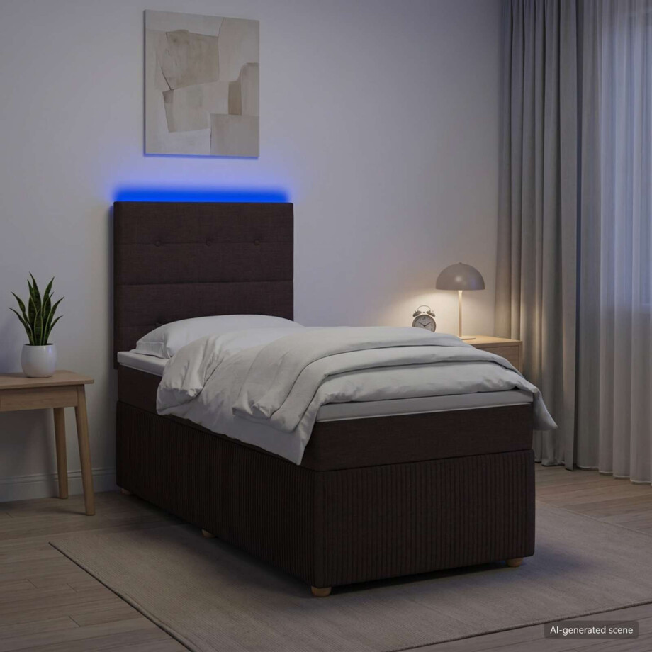 vidaXL LED Boxspring Bed met Matras Donkerbruin 90 x 190 cm Stof afbeelding 1