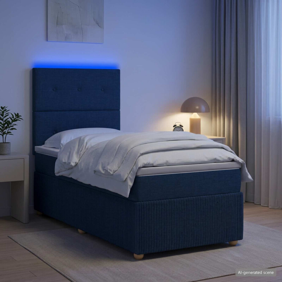 vidaXL LED Boxspring Bed met Matras Blauw 90 x 190 cm Stof afbeelding 1