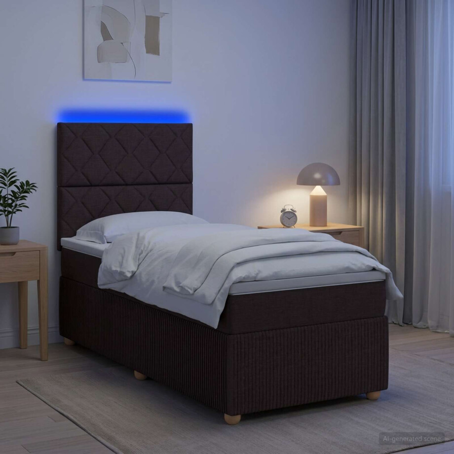 vidaXL LED Boxspring Bed met Matras Donkerbruin 90 x 190 cm Stof afbeelding 1