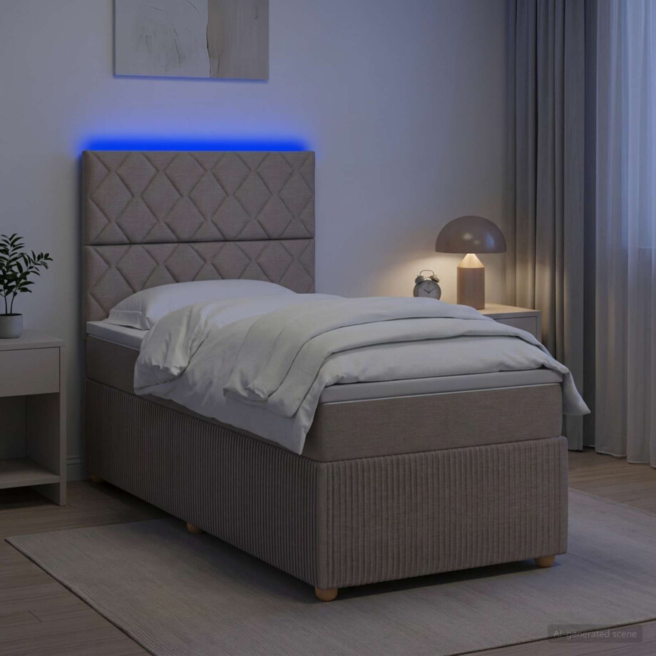 vidaXL LED Boxspring Bed met Matras Taupe 90 x 190 cm Stof afbeelding 1