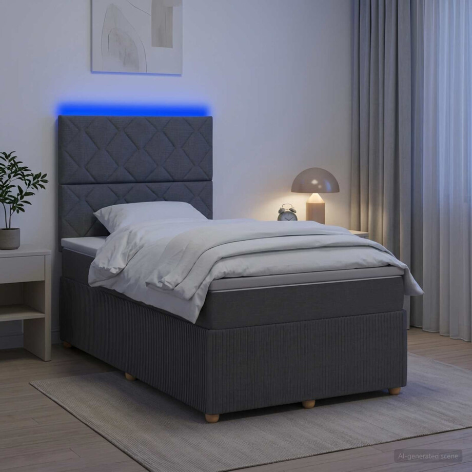 vidaXL LED Boxspring Bed met Matras Donkergrijs 120 x 190 cm Stof afbeelding 1