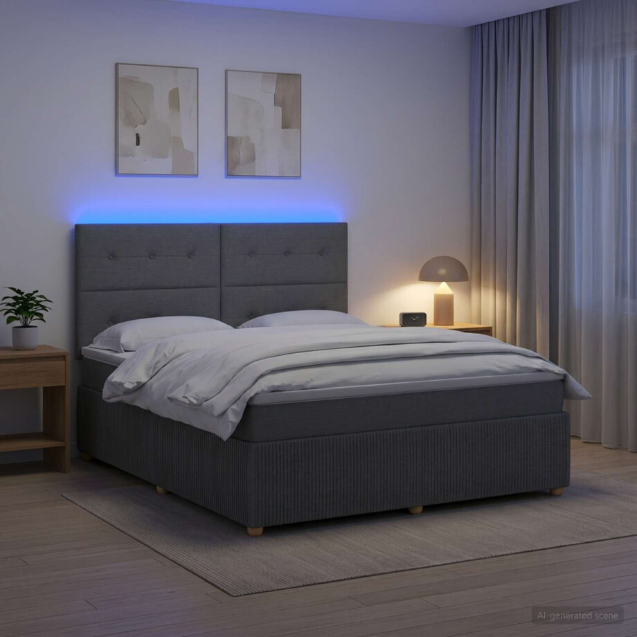 vidaXL LED Boxspring Bed met Matras Donkergrijs 180 x 200 cm Stof afbeelding 1