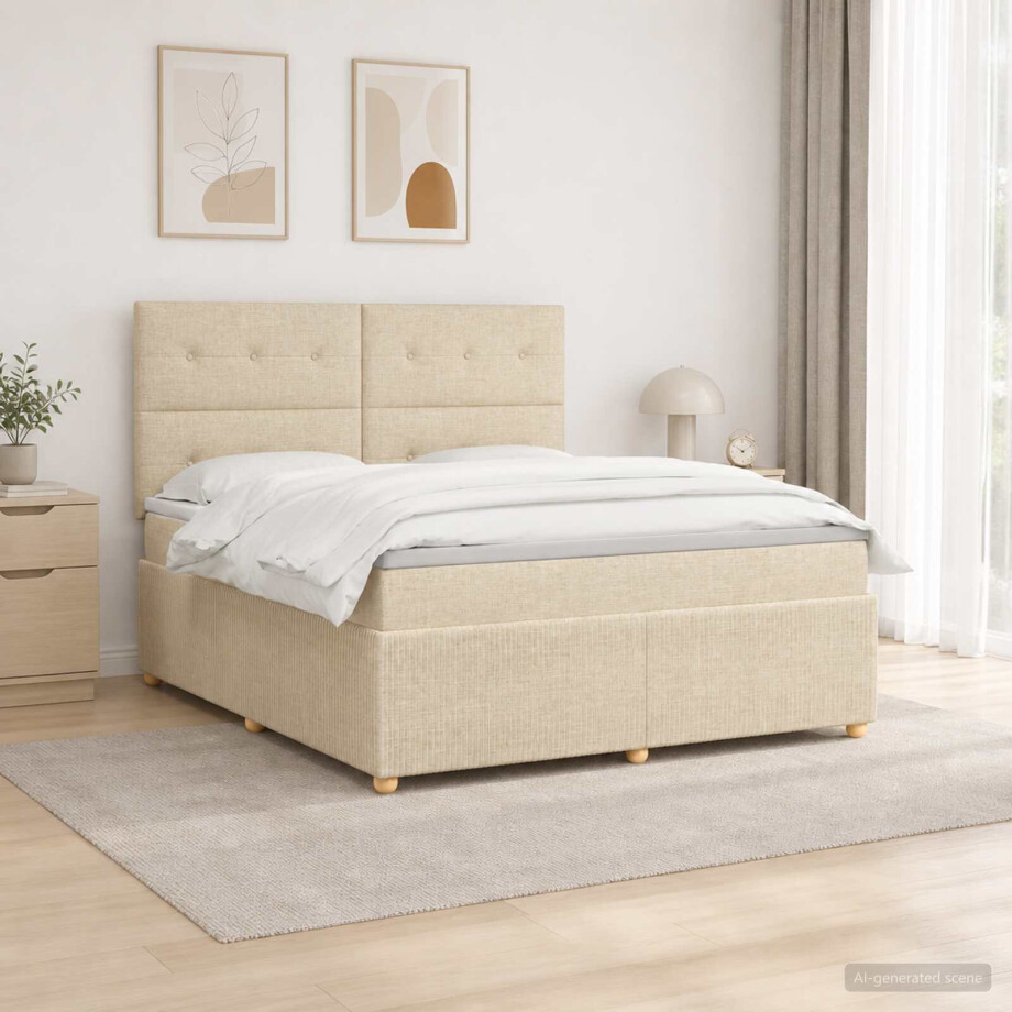 vidaXL LED Boxspring Bed met Matras Crèmekleurig 160 x 200 cm Stof afbeelding 1