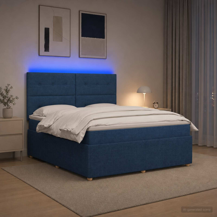 vidaXL LED Boxspring Bed met Matras Blauw 180 x 200 cm Stof afbeelding 1