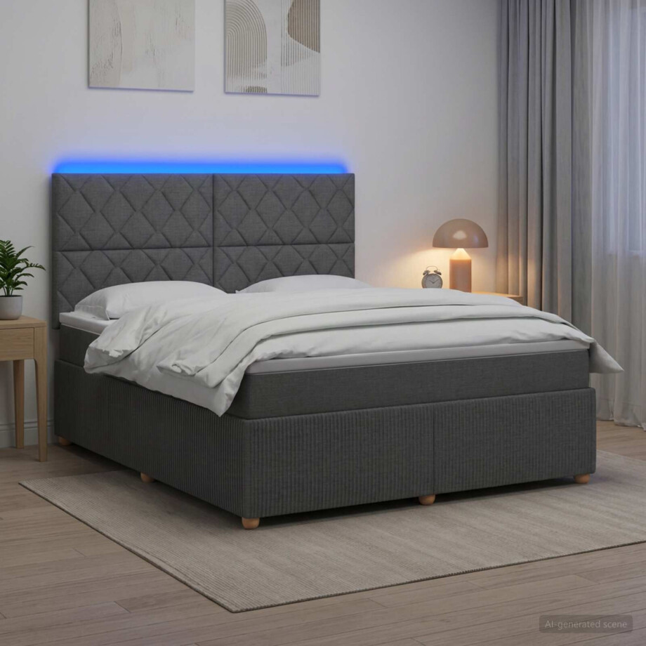 vidaXL LED Boxspring Bed met Matras Donkergrijs 180 x 200 cm Stof afbeelding 1