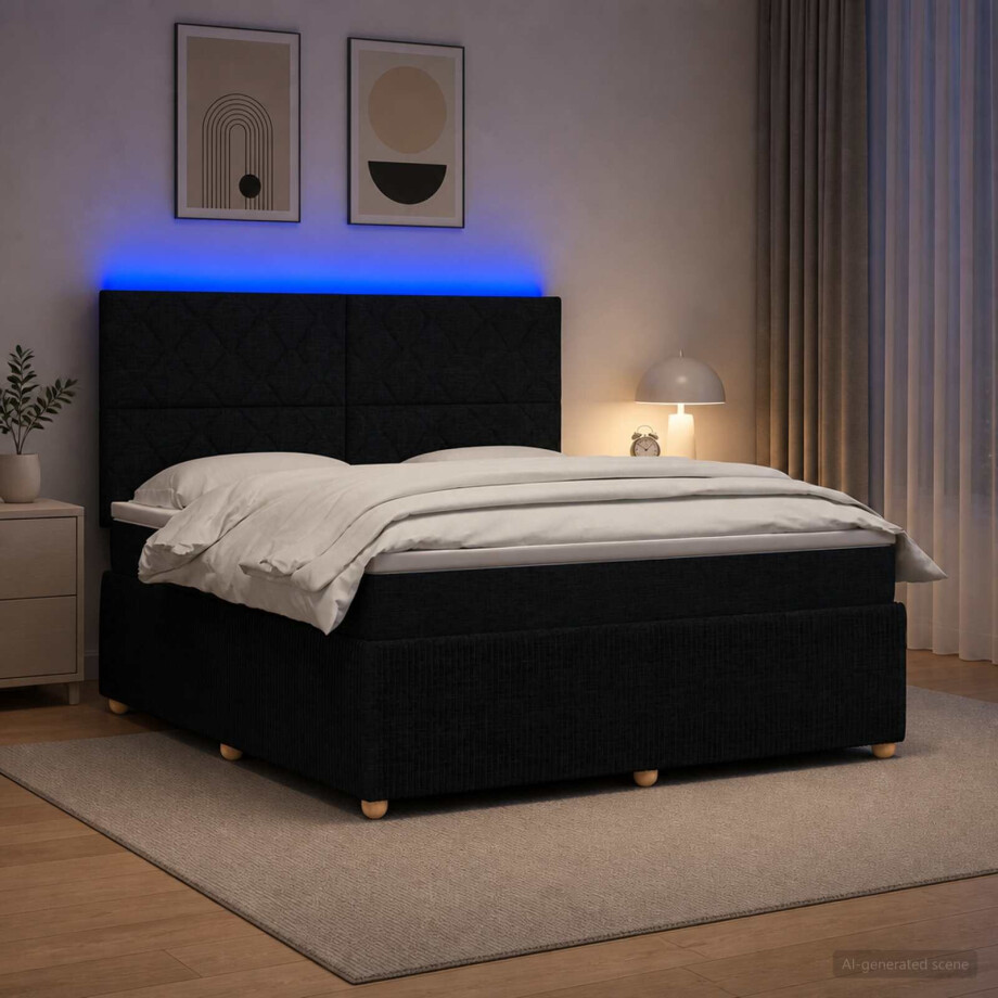 vidaXL LED Boxspring Bed met Matras Zwart 180 x 200 cm Stof vidaXL LED Boxspring Bed met Matras Zwart 180 x 200 cm Stof afbeelding 1