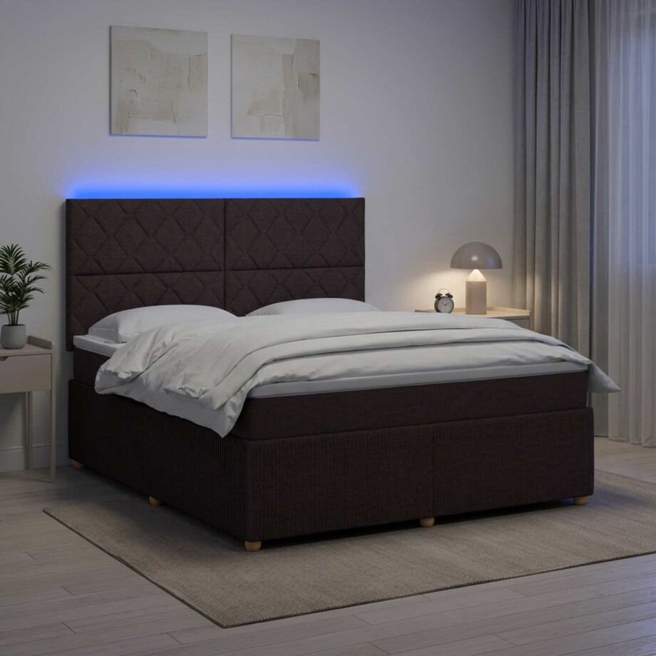 vidaXL LED Boxspring Bed met Matras Donkerbruin 140 x 190 cm Stof afbeelding 1