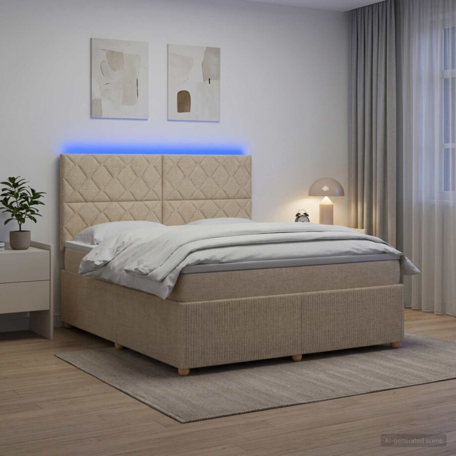 vidaXL LED Boxspring Bed met Matras Crèmekleurig 160 x 200 cm Stof afbeelding 1
