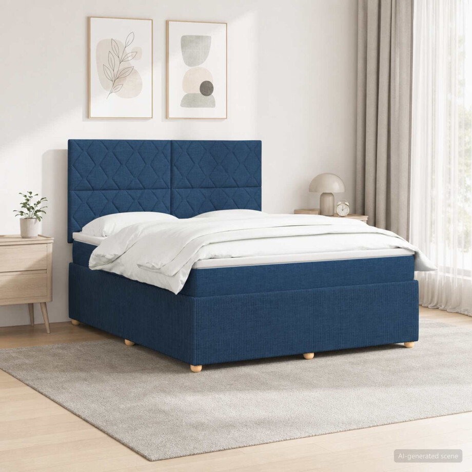 vidaXL LED Boxspring Bed met Matras Blauw 180 x 200 cm Stof vidaXL LED Boxspring Bed met Matras Blauw 180 x 200 cm Stof afbeelding 1