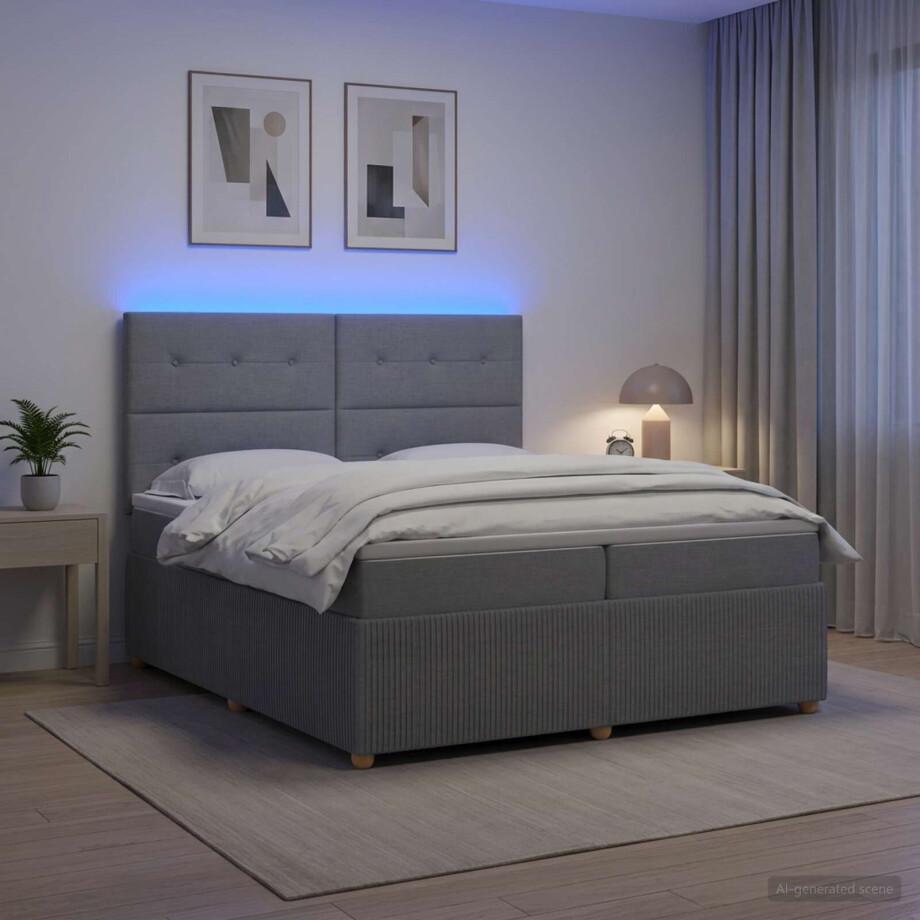 vidaXL LED Boxspring Bed met Matras Lichtgrijs 200 x 200 cm Stof afbeelding 1