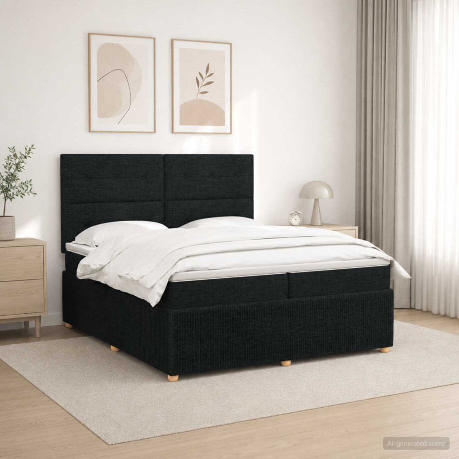 vidaXL LED Boxspring Bed met Matras Zwart 200 x 200 cm Stof afbeelding 1