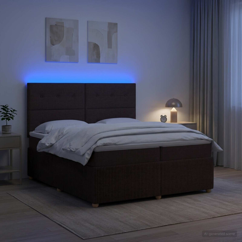 vidaXL LED Boxspring Bed met Matras Donkerbruin 200 x 200 cm Stof afbeelding 1