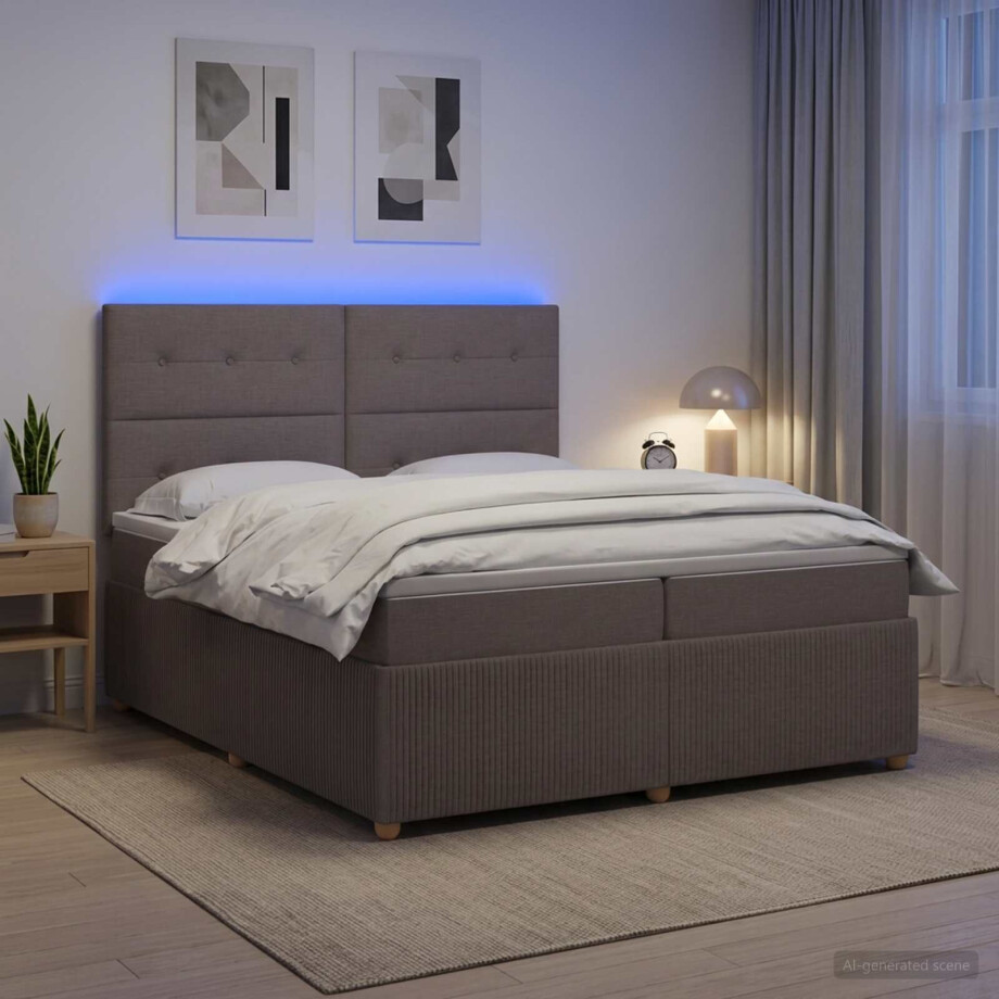vidaXL LED Boxspring Bed met Matras Taupe 200 x 200 cm Stof afbeelding 1
