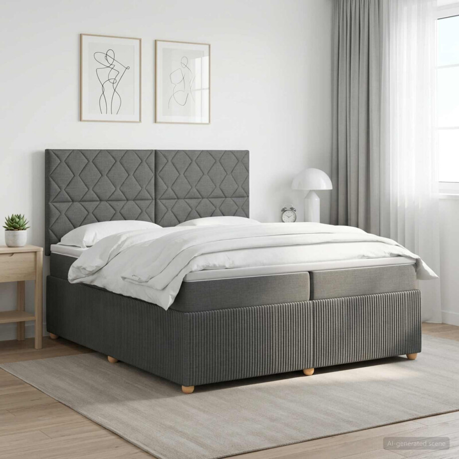 vidaXL LED Boxspring Bed met Matras Donkergrijs 200 x 200 cm Stof afbeelding 1