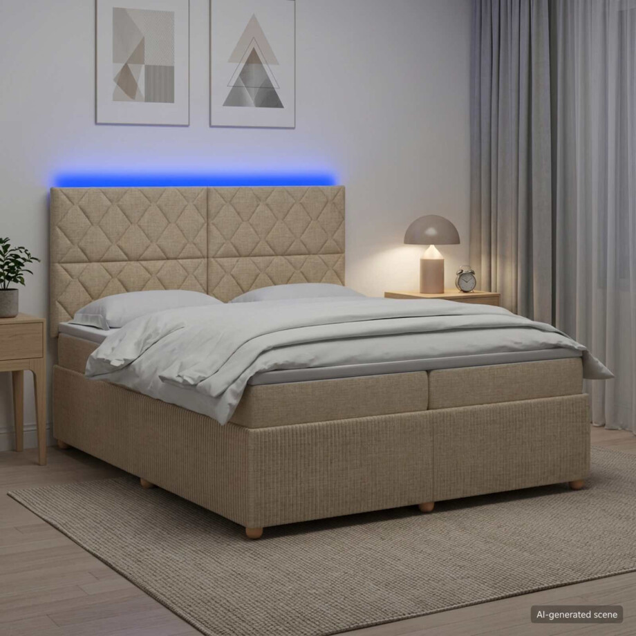 vidaXL LED Boxspring Bed met Matras Crèmekleurig 200 x 200 cm Stof afbeelding 1