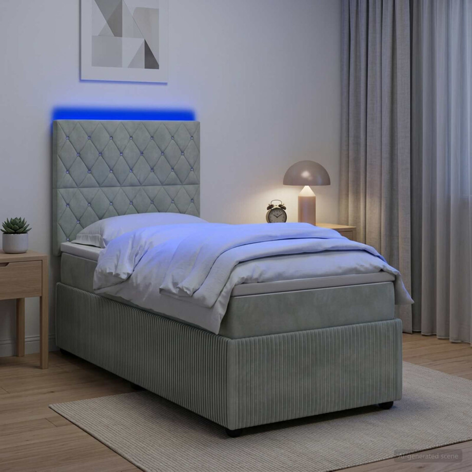 vidaXL LED Boxspring Bed met Matras Lichtgrijs 90 x 190 cm Fluweel afbeelding 1