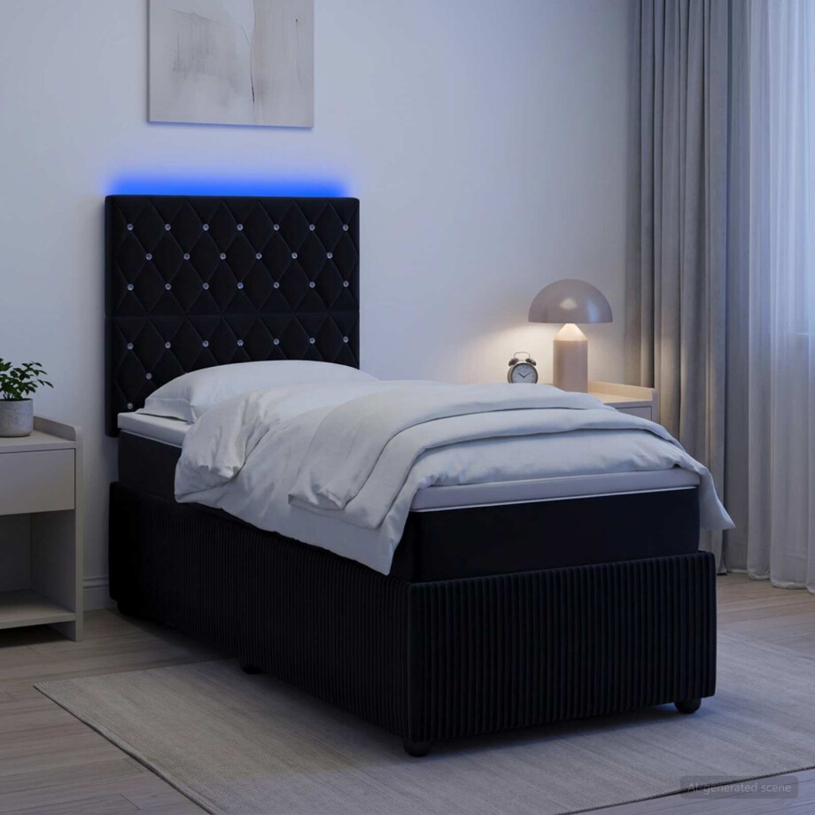 vidaXL LED Boxspring Bed met Matras Zwart 90 x 190 cm Fluweel afbeelding 1