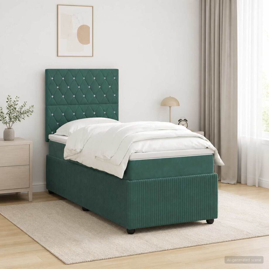 vidaXL LED Boxspring Bed met Matras Donkergroen 90 x 200 cm Fluweel afbeelding 1