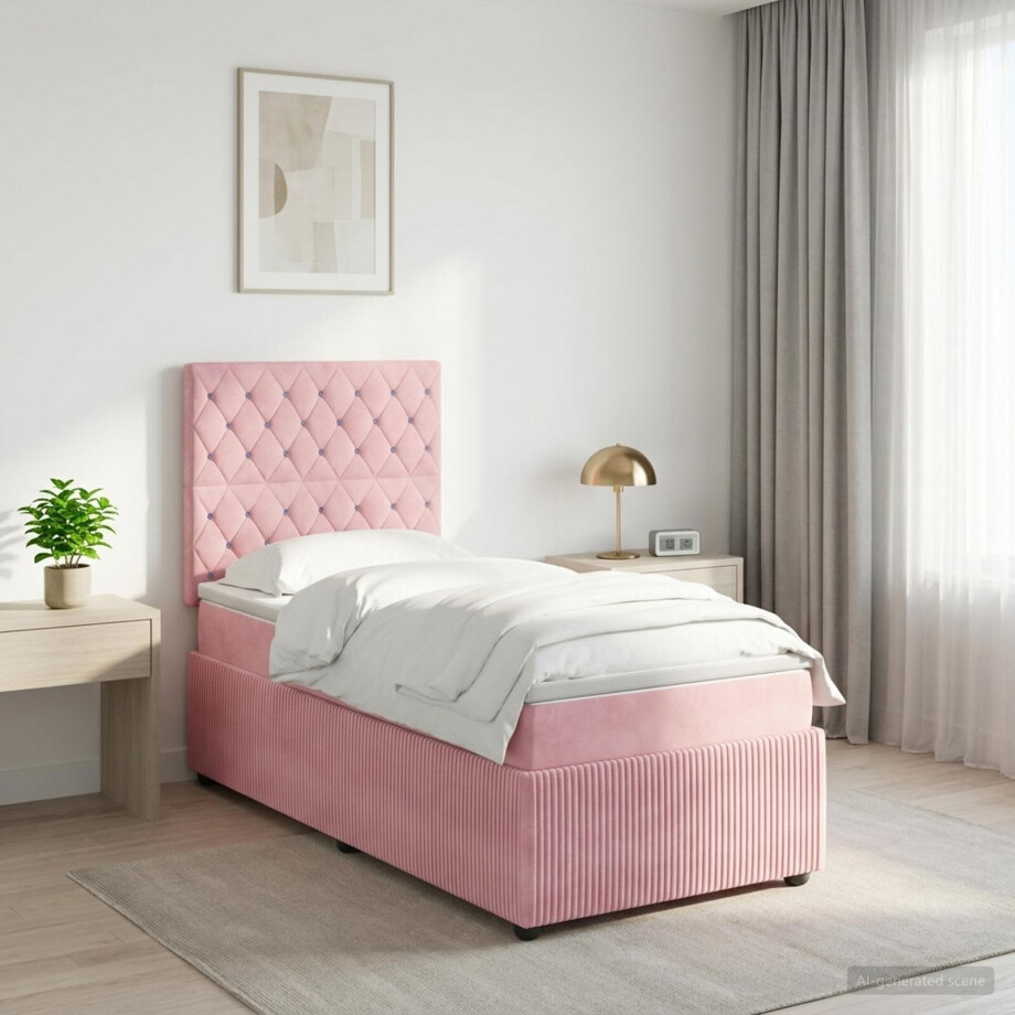 vidaXL LED Boxspring Bed met Matras Roze 90 x 190 cm Fluweel vidaXL LED Boxspring Bed met Matras Roze 90 x 190 cm Fluweel afbeelding 1