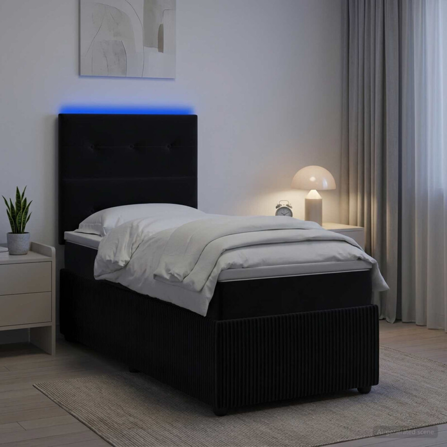vidaXL LED Boxspring Bed met Matras Zwart 80 x 200 cm Fluweel vidaXL LED Boxspring Bed met Matras Zwart 80 x 200 cm Fluweel afbeelding 1