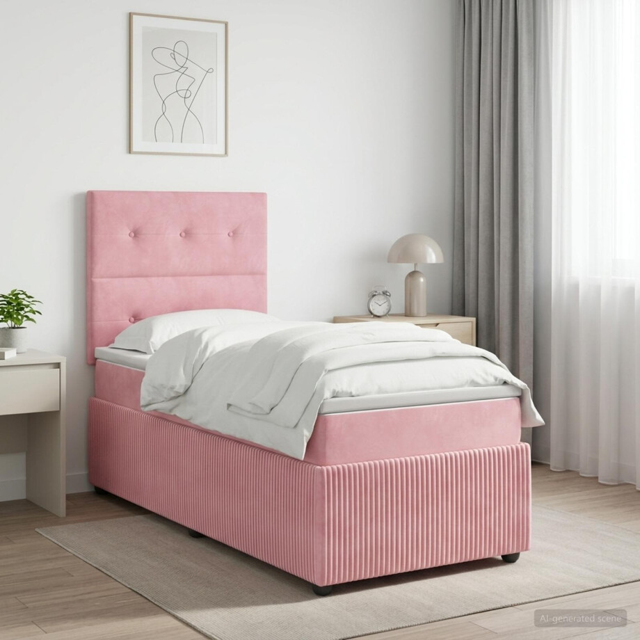vidaXL LED Boxspring Bed met Matras Roze 90 x 190 cm Fluweel vidaXL LED Boxspring Bed met Matras Roze 90 x 190 cm Fluweel afbeelding 1