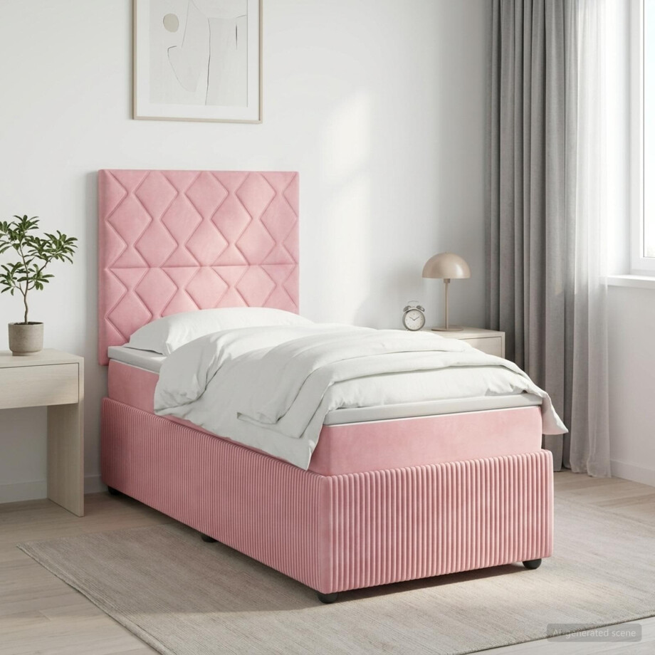 vidaXL LED Boxspring Bed met Matras Roze 90 x 190 cm Fluweel vidaXL LED Boxspring Bed met Matras Roze 90 x 190 cm Fluweel afbeelding 1
