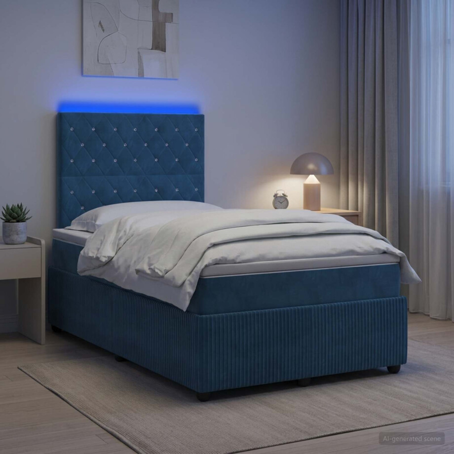 vidaXL LED Boxspring Bed met Matras Blauw 120 x 200 cm Fluweel afbeelding 1