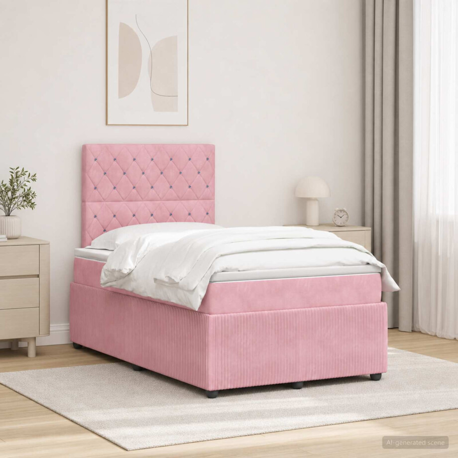 vidaXL LED Boxspring Bed met Matras Roze 120 x 190 cm Fluweel vidaXL LED Boxspring Bed met Matras Roze 120 x 190 cm Fluweel afbeelding 1