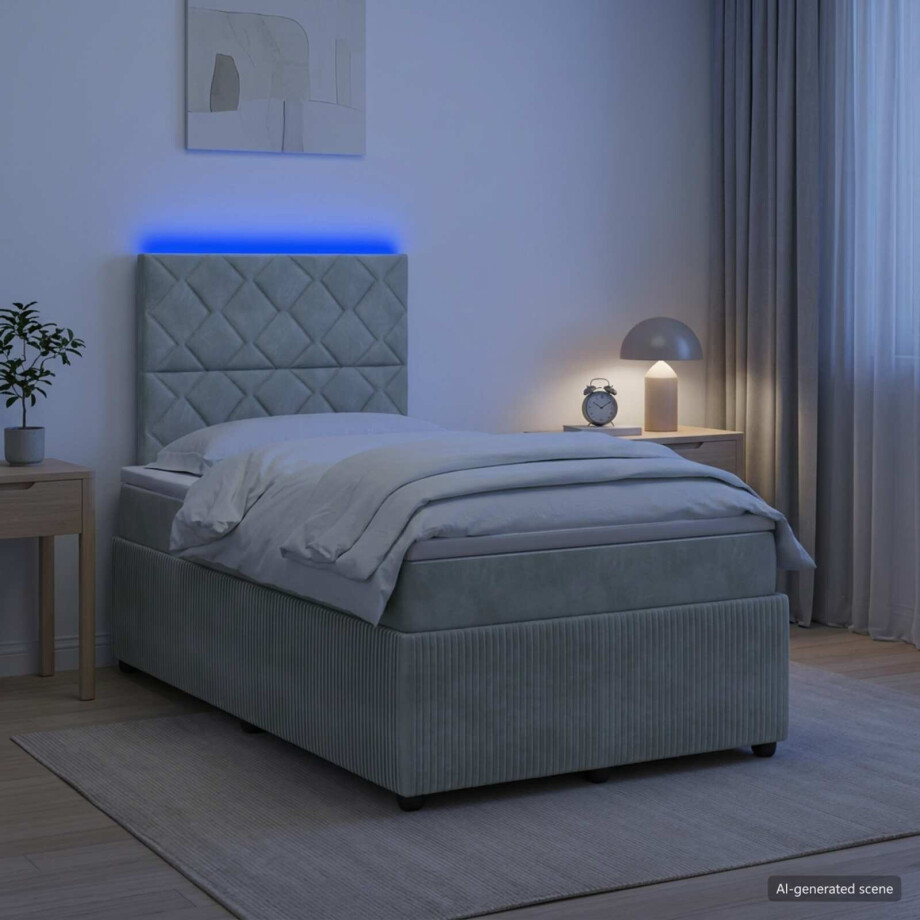 vidaXL LED Boxspring Bed met Matras Lichtgrijs 120 x 190 cm Fluweel afbeelding 1
