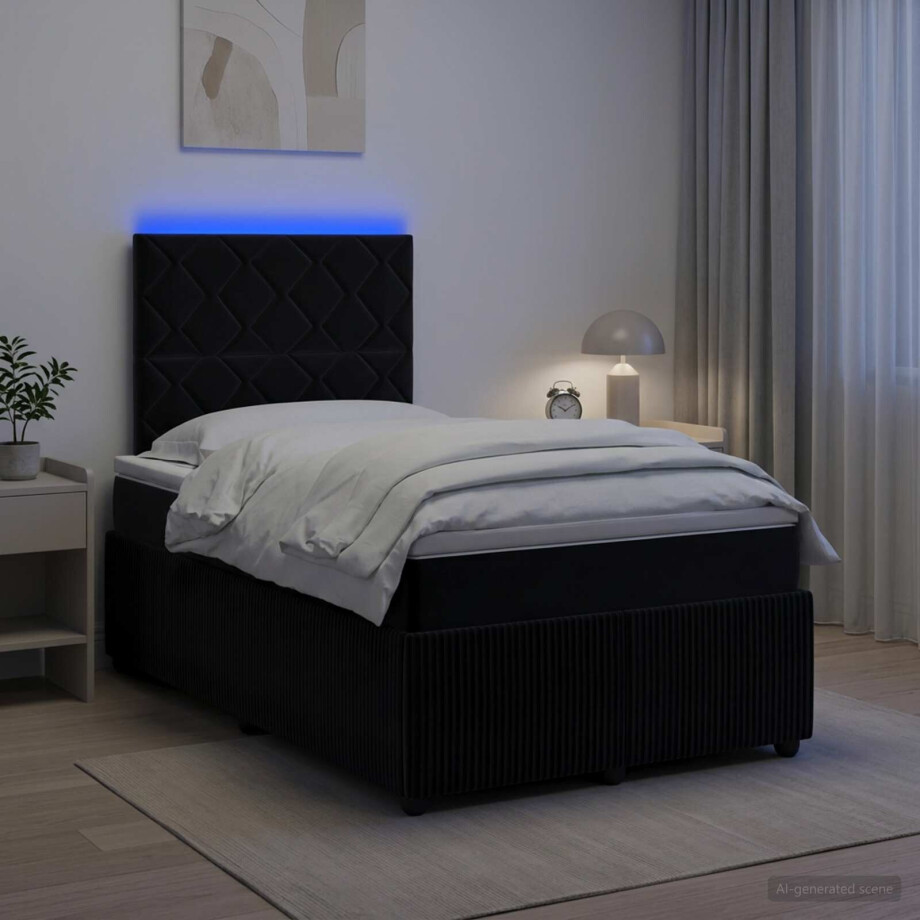 vidaXL LED Boxspring Bed met Matras Zwart 120 x 190 cm Fluweel afbeelding 1