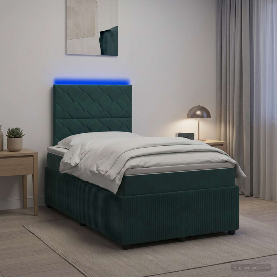 vidaXL LED Boxspring Bed met Matras Donkergroen 120 x 190 cm Fluweel afbeelding 1